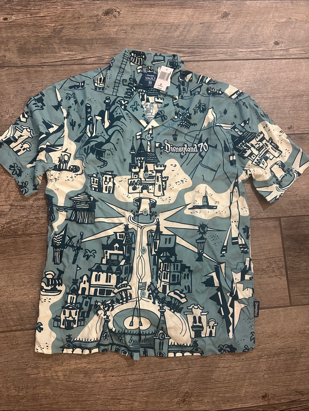 Disney Blue and White Disneyland 70 Patterned Camp Shirt